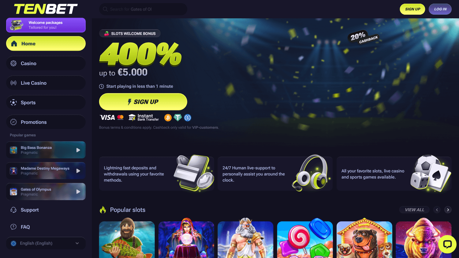 TenBet Casino Skærmbillede til computer